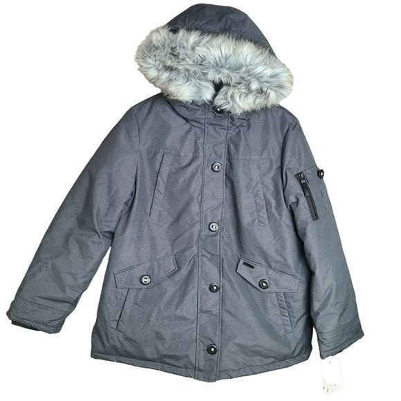 Skechers Womens Sz LG Dark Gray Faux Fur Lined Hooded Winter Jacket Puffer Parka - Picture 1 of 11